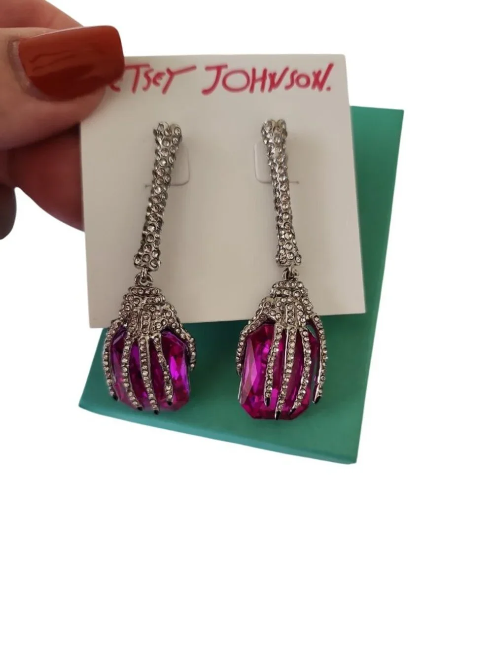 Betsey Johnson Rich Witch Hanging Skeleton Hands Crystals Pink Gem Drop Earrings